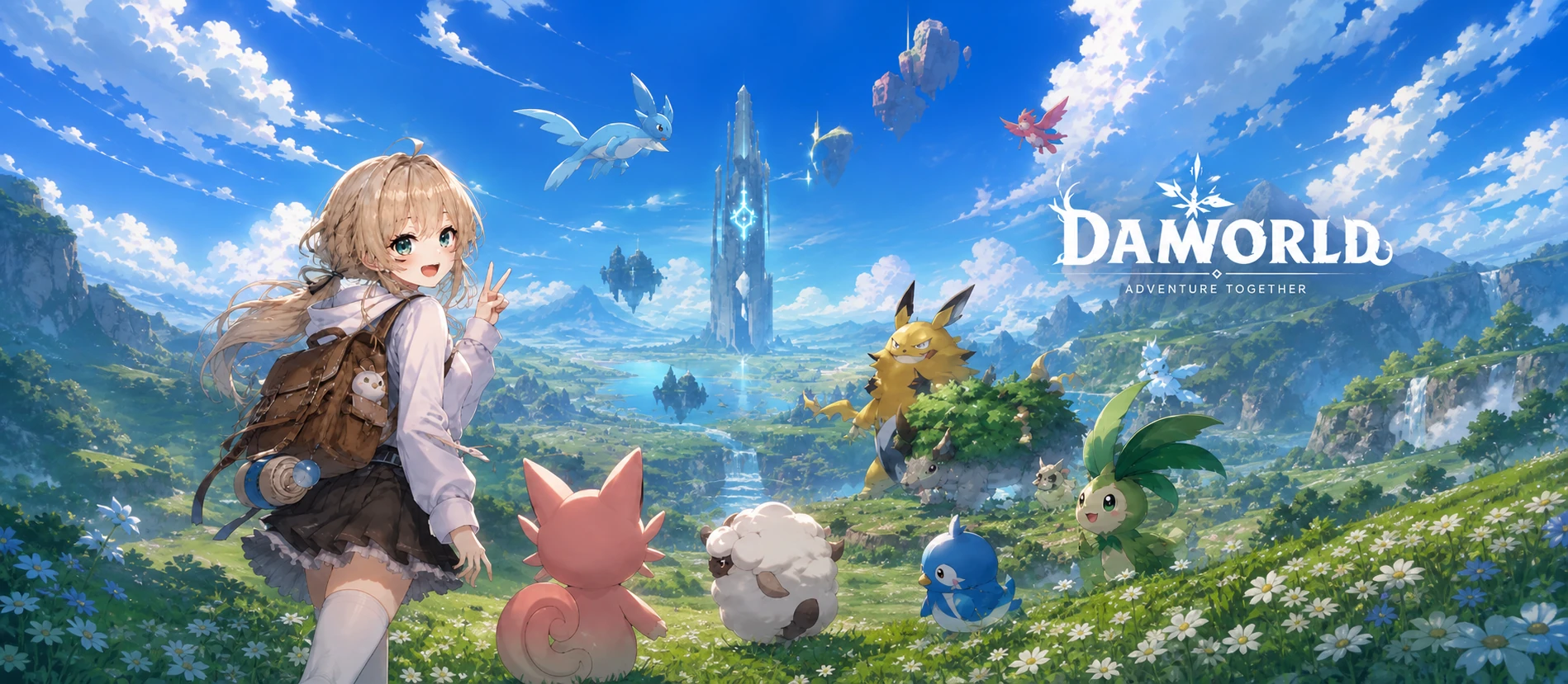 담월드3 모험 세계를 배경으로 캐릭터와 팰들이 함께 있는 DAMWORLD 배너